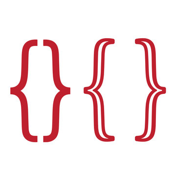 Red quotation mark and bracket symbols on white background, quotation marks curly brackets punctuation