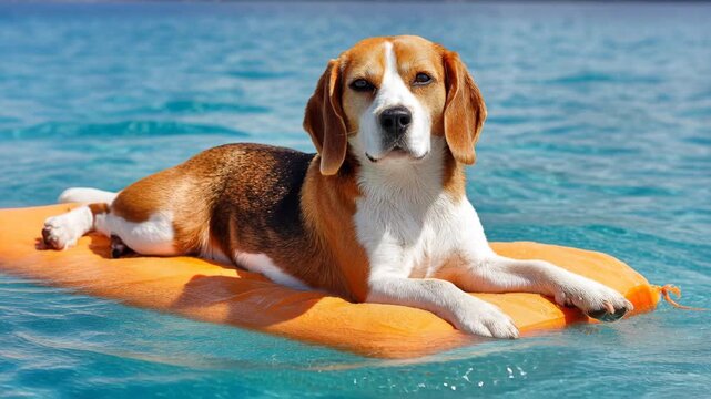 A beautiful Beagle dog rests calmly on an orange floaty while drifting on the blue sea water.