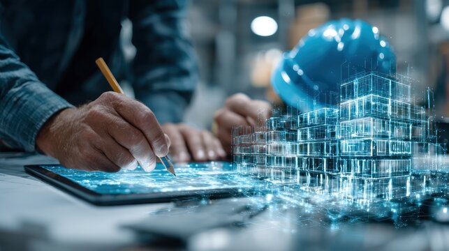 Architectural Design and Planning with Futuristic Digital Technology and Blueprint
