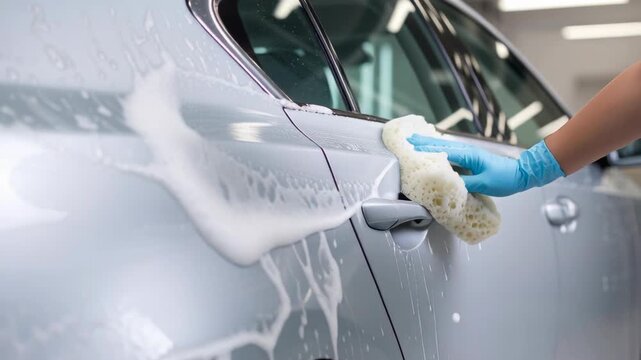 Close-up of a person using a soapy sponge and blue gloves to clean the exterior of a silver car.