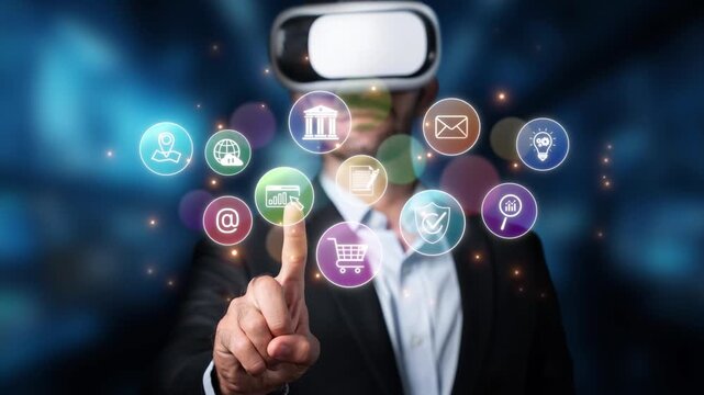 A businessman immerses himself in virtual reality, interacting with vibrant icons symbolizing various digital experiences and innovative technological solutions. Raster