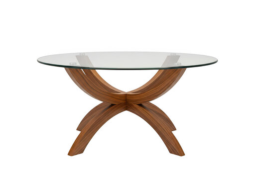 Modern circular coffee table featuring a clear glass top supported by a curved wooden base design