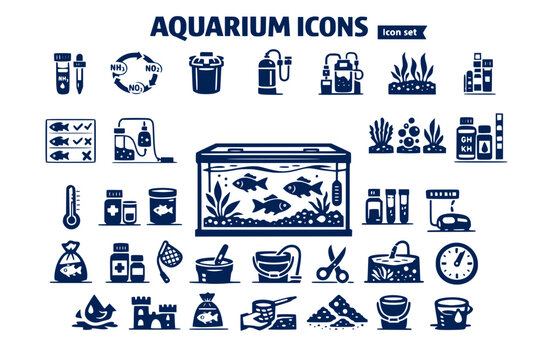 Aquarium Fishkeeping Icon Set Ammonia Test Nitrogen Cycle Canister Filter CO2 Diffuser Planted Substrate Compatibility Chart Drip Acclimation Quarantine Algae Hardness Strip Vector
