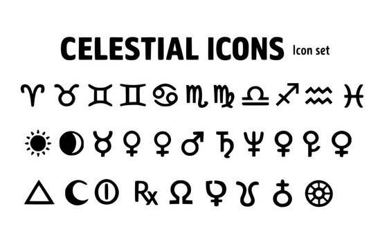 Minimalist Zodiac Celestial Icon Set Zodiac Glyph Planet Symbol Trine Opposition Retrograde Rx North South Node Chiron Part Of Fortune Asterism Lunar Mansion Vector