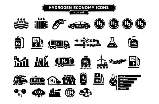 Hydrogen Economy Fuel Cell Icon Set Electrolyzer Stack PEM Cell H2 Dispenser Green Grey Blue Hydrogen Badge Pressure Tank FCEV Pipeline Blend Ammonia Cracker Levelized Cost