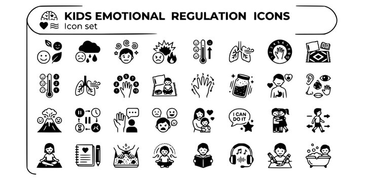 Kids Emotional Regulation Icon Set Zones of Regulation Feelings Thermometer Calm Corner Five-Finger Breathing Glitter Jar Body Check-In Big Feelings Volcano