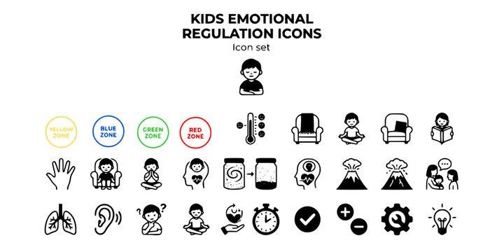 Kids Emotional Regulation Icon Set Zones of Regulation Feelings Thermometer Calm Corner Five-Finger Breathing Glitter Jar Body Check-In Big Feelings Volcano