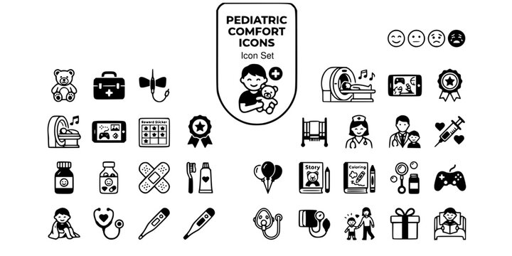 Pediatric Hospital Medical Comfort Icon Set Comfort Toy Bag Butterfly IV Pain Face Scale Open MRI Distraction Tablet Reward Sticker Chart Brave Badge Child Bed Rail