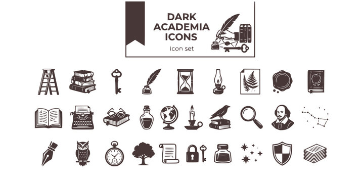 Dark Academia Victorian Study Icon Set Library Ladder Leather Tome Quill Inkwell Wax Seal Skeleton Key Oil Lamp Pressed Botanical Hourglass Latin Scroll