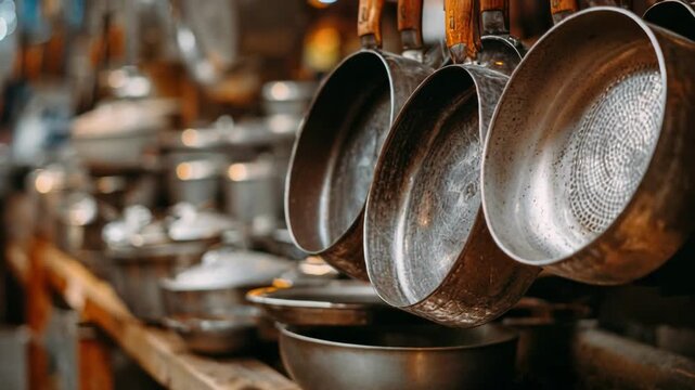 Vintage metal cookware and pots hanging in a rustic kitchen with warm lighting and blurred background