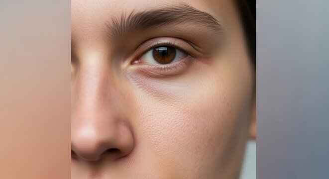 Detailed human eye and facial features showcasing natural skin texture and a focused brown gaze