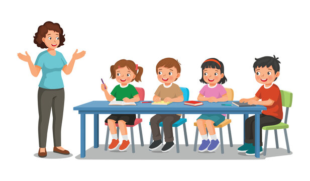 Female teacher teaching explaining and discuss lesson with students sitting at the table