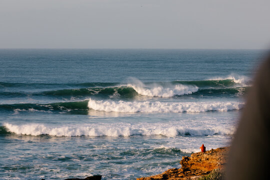 Panoramic view of ocean waves breaking along the coast of Morocco