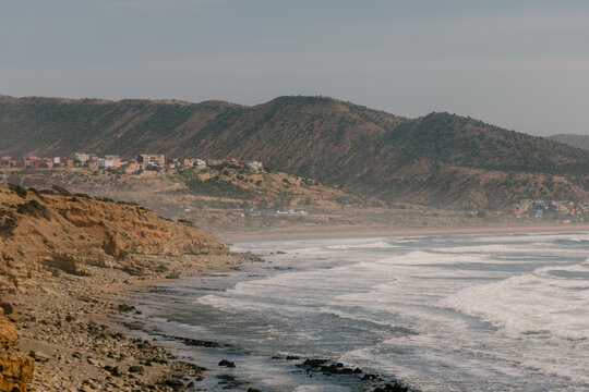 Panoramic seaside view of Taghazout near Agadir in Morocco