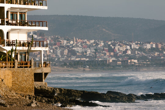 Panoramic coastal view of Taghazout near Agadir in Morocco