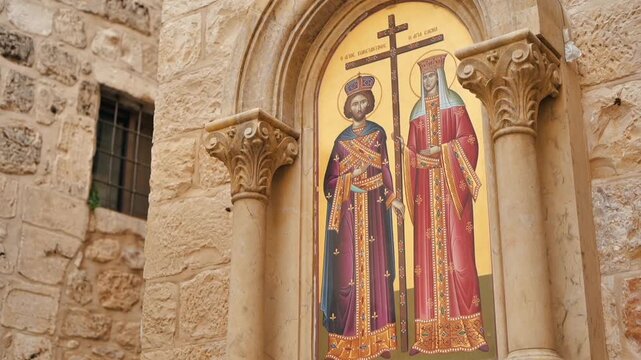Among the streets of the ancient city of Israel, we observed a detailed altarpiece of Jesus and Mary.