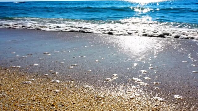 Waves gently lapping the shore on a sunny beach with the sunlight reflecting on the water, a relaxing coastal scene.