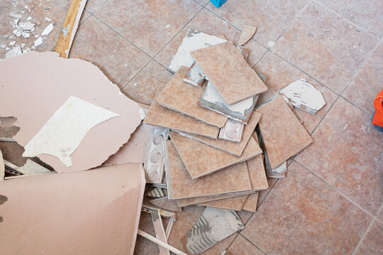 Pile of Broken Ceramic Tiles During Renovation
