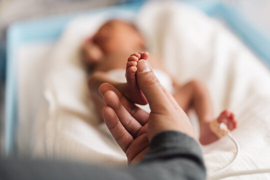 Parent holding newborn baby foot showing love