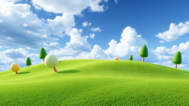 Whimsical green rolling hills with stylized trees under a bright blue sky with fluffy clouds