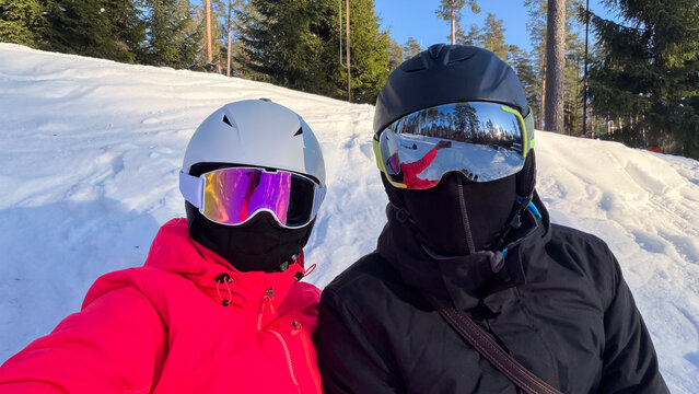 Couple Taking Selfie on Snowy Ski Slope
