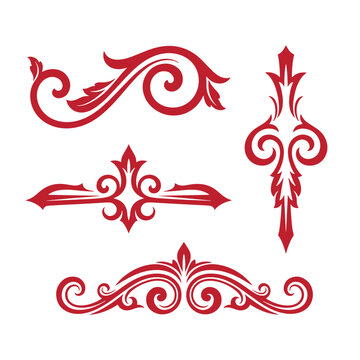 Red ornamental on white background, swirling patterns and flourishes