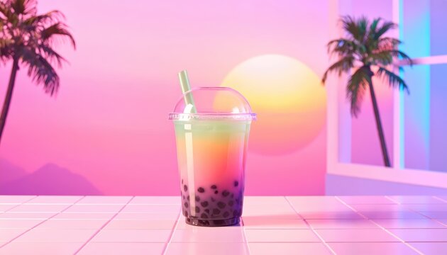 Vibrant Gradient Bubble Tea Drink Pink Tiled Surface Retro Sunset Scene Palm Trees