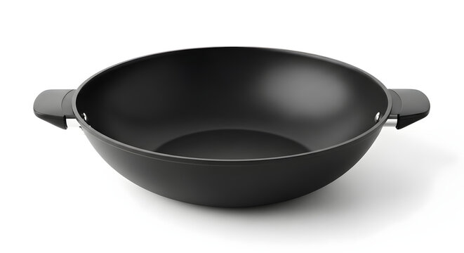 Black wok pan with handles kitchenware for stir frying and Asian cuisine isolated on white bac