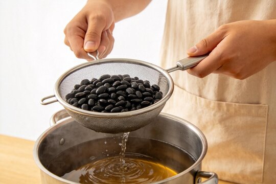 Person draining black beans in a strainer