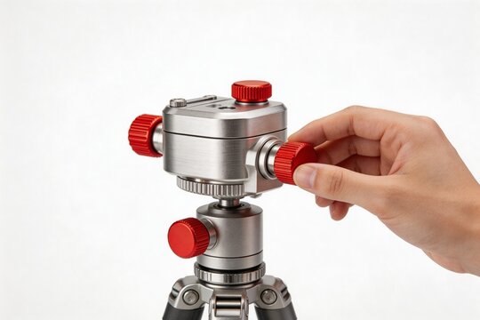 Hand adjusting red knobs on tripod head