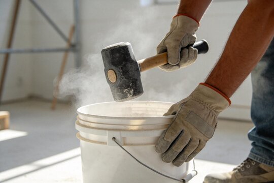Person using hammer on bucket with steam