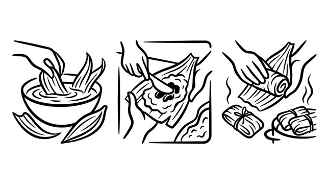 Making Delicious Tamales - Step-by-Step Process Illustrated in Black and White.