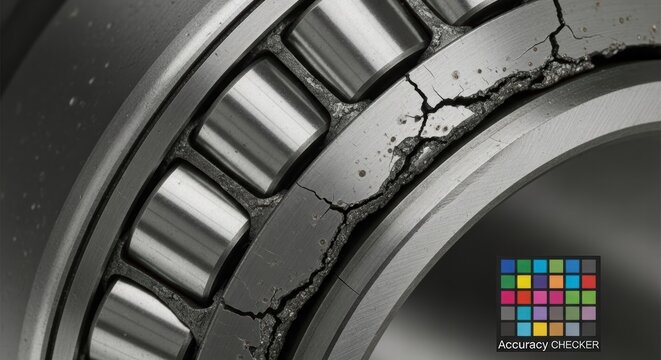 Extreme macro view of a severely damaged roller bearing with cracked race