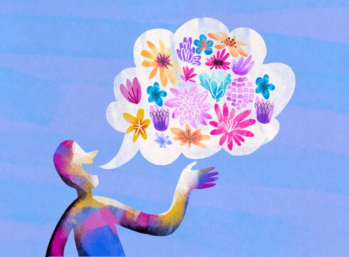 Human Profile with speech bauble with  flowers  calling for spring
