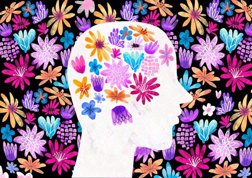  Head Profile with Blooming flowers  