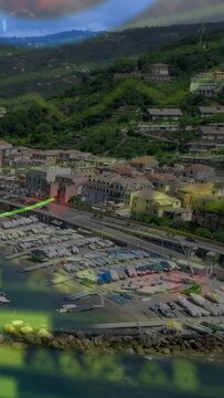 Vertical video: Camera panning coastal marina while colorful overlays drifting to show harbor
