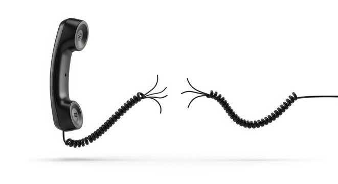Black telephone receiver with coiled cord disconnected and separated on white background ideal for communication concepts