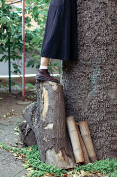 the legs of a woman standing on a stump