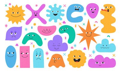 Fototapeta premium Geometric shape characters set cute blob faces and funny expressions. Abstract playful organic forms with eyes and emotions messy modern geometry cartoon style smiling diverse figures grungy design