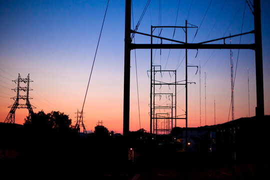 Power lines, Railway lines and Radio Towers at sunset in Philadelphia