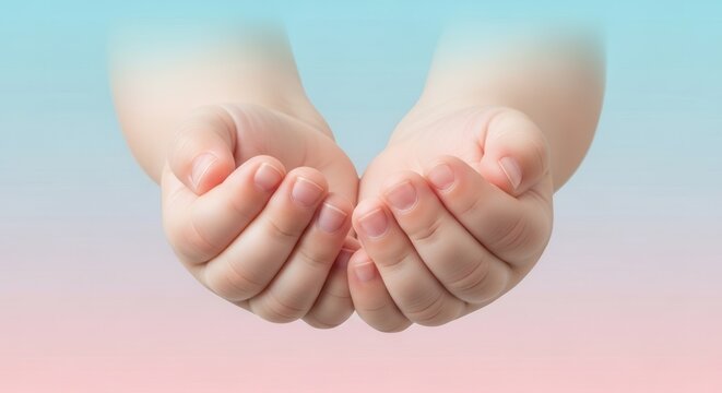 Tender child's hands cupped gently, symbolizing care, giving, or receiving against a serene pastel