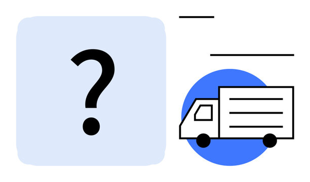 Logistics, shipping, delivery services, decision making, e-commerce, customer support. A question mark next to a delivery truck with a blue shape. Logistics and shipping uncertainty concept