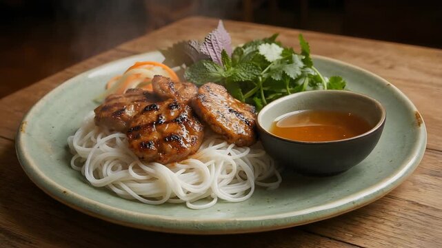 Authentic Bun Cha Ha Noi with Caramelized Pork, White Vermicelli and Nuoc Cham