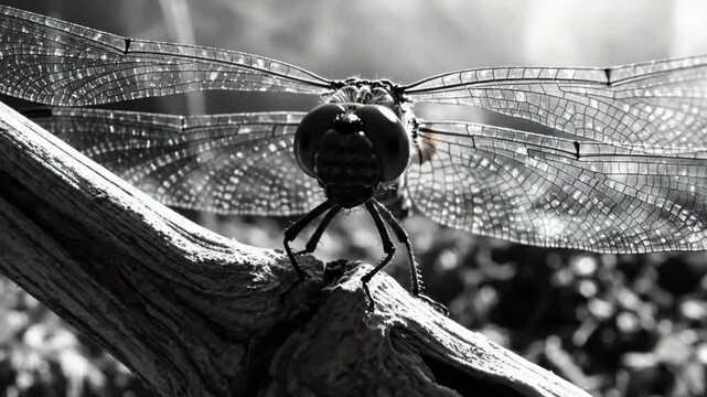 Black and white close up of a dragonfly perched on a weathered branch in natural daylight
