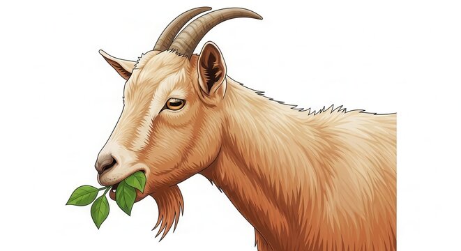 Vibrant graphic illustration of a domestic caprine peacefully munching on fresh green foliage