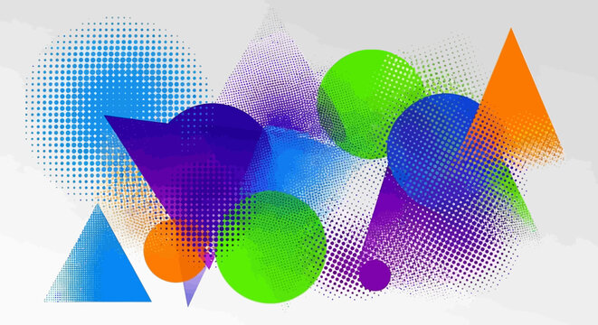 Abstract Geometric Composition with Vibrant Halftone Shapes and Colorful Patterns