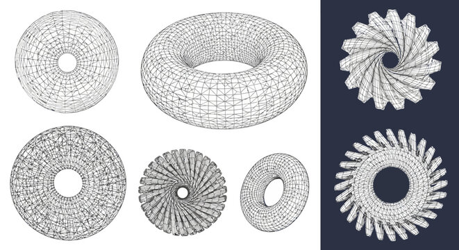 Abstract Geometric Torus and Gear Shapes Wireframe Renderings