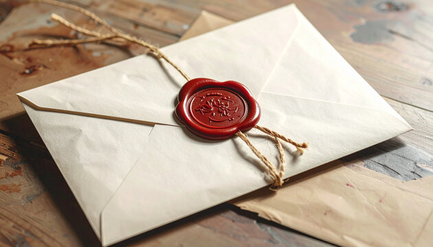 Sealed envelope on wooden surface with detailed red wax seal