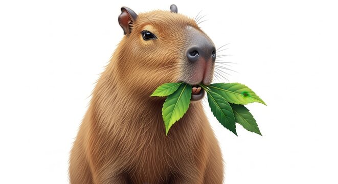 A charming capybara enjoying fresh green leaves against a pristine white background