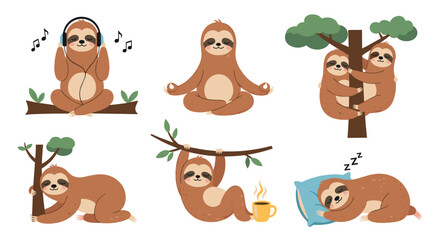Fototapeta premium Cute sloth character set doing various activities including sleeping, meditating, drinking coffee, and listening to music.